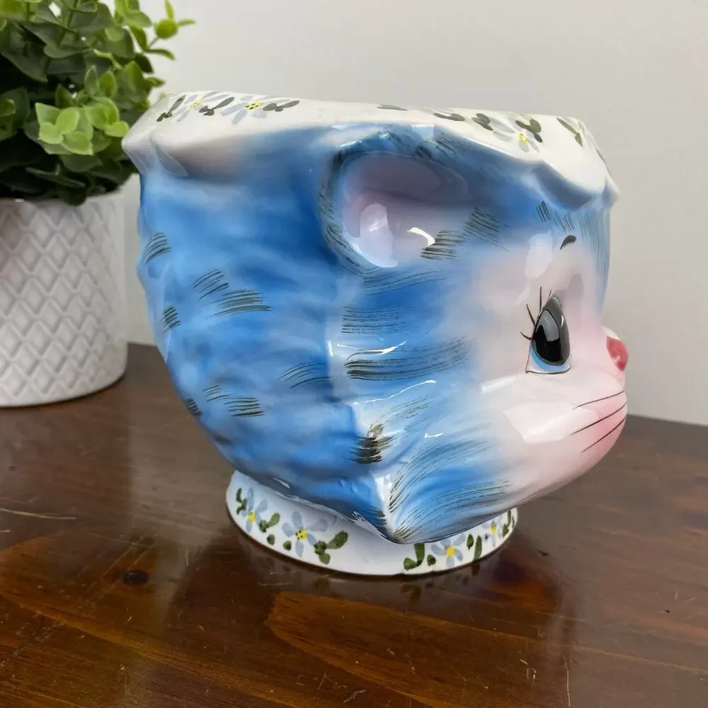 Vintage 50s Lefton Miss Priss Blue Cat Planter Vase Cookie Jar Base Kitsch #1502